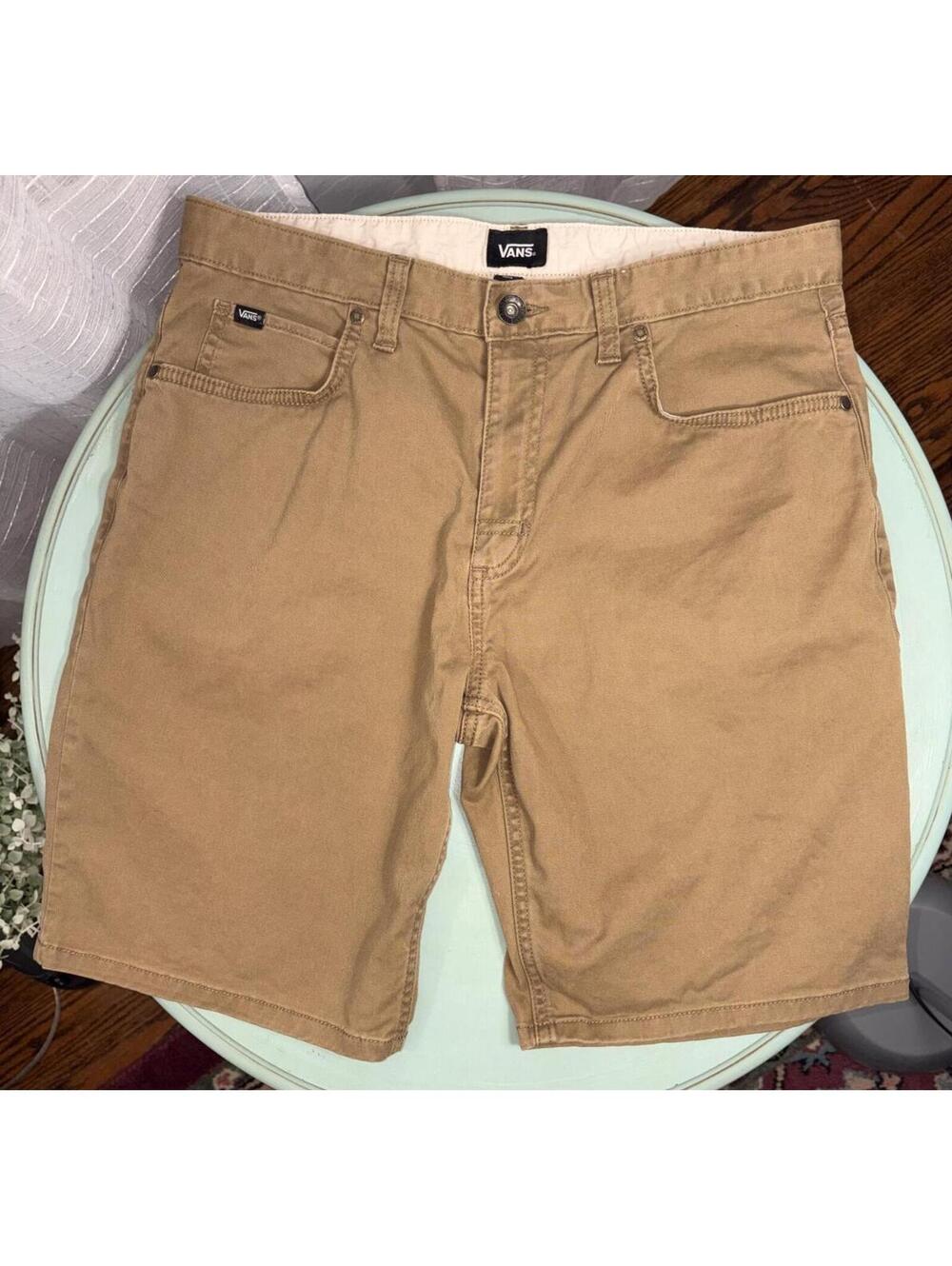 Vans Mens Khaki Chino Shorts Size 32 Tan Stretch Skate Casual Flat Front
